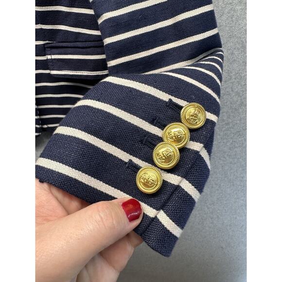J Crew Womens Blazer Jacket Navy and Cream Stripe Gold Buttons Pockets Size 2 - Picture 2 of 15